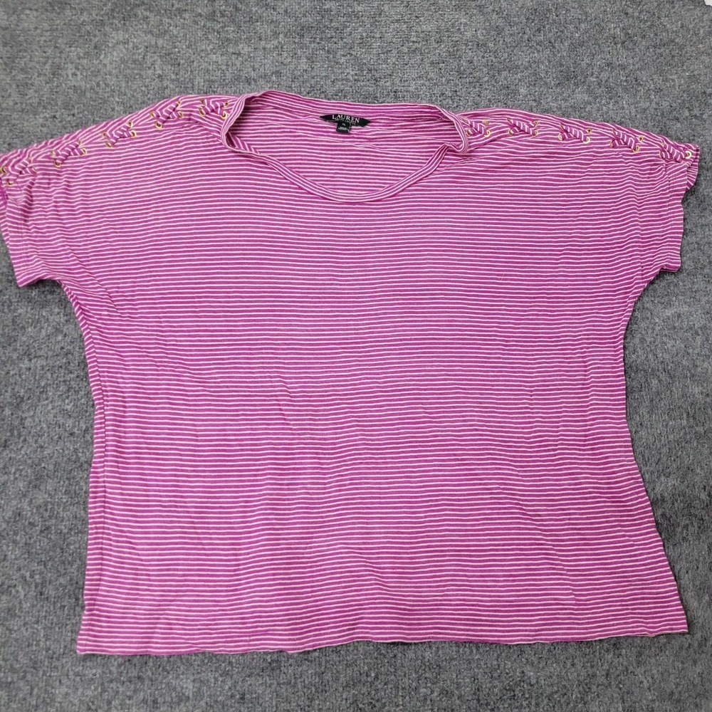 Lauren Ralph Lauren Top Womens XL Pink Linen Cotton Striped Lace Up Shoulder XL